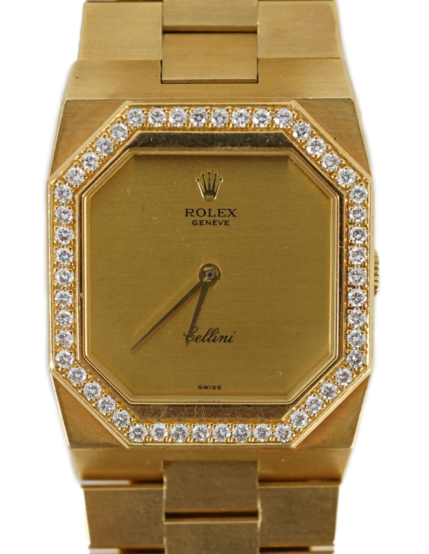 A gentleman's 1980's 18ct gold and diamond set Rolex Cellini manual wind dress wrist watch, on 18ct gold Rolex bracelet